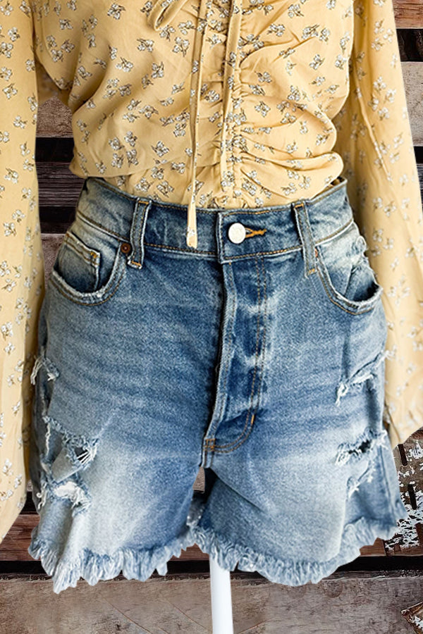 Fringed Hem Ripped Denim Shorts