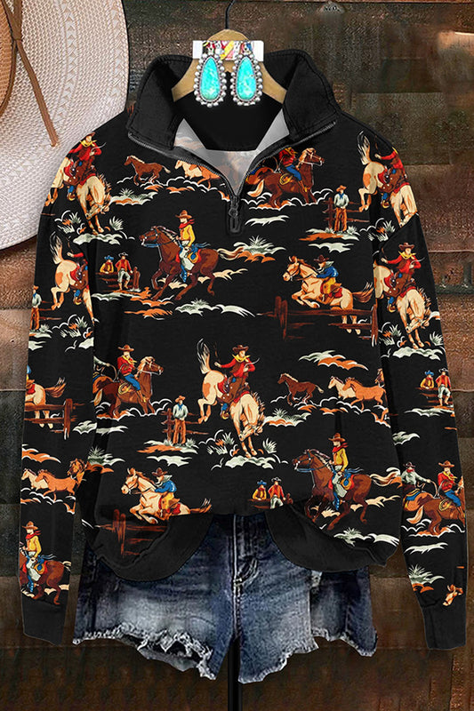 Retro Western Rodeo Print Zip-Up Sweatshirt