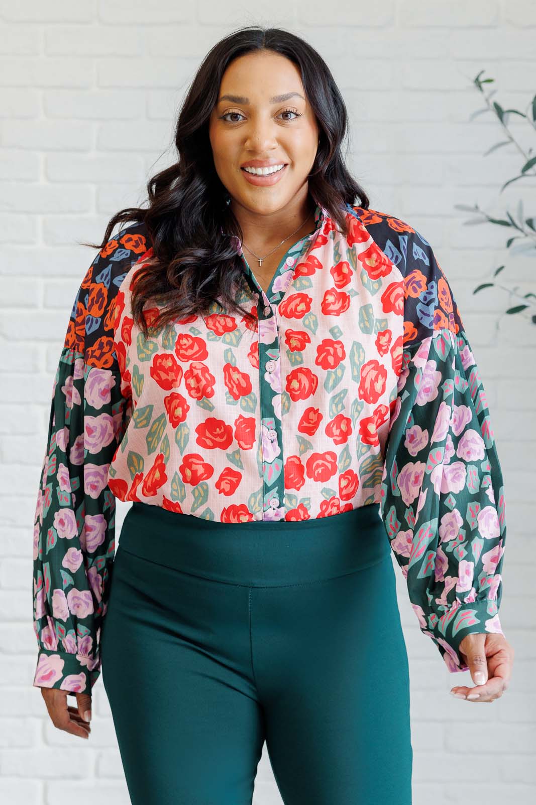 Floral Mixed Print Button Up Blouse