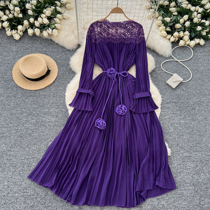 Elegant Tied Waist Lace Patchwork Flared Sleeve Pleated Long Dress