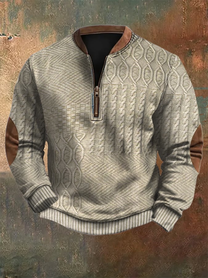 Men's Vintage Knit Print Zip-Up Sweatshirt