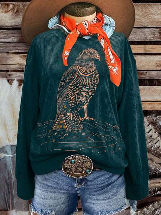 Women's Stylish Wild West Bird Art Print Casual Print Corduroy Sweatshirt