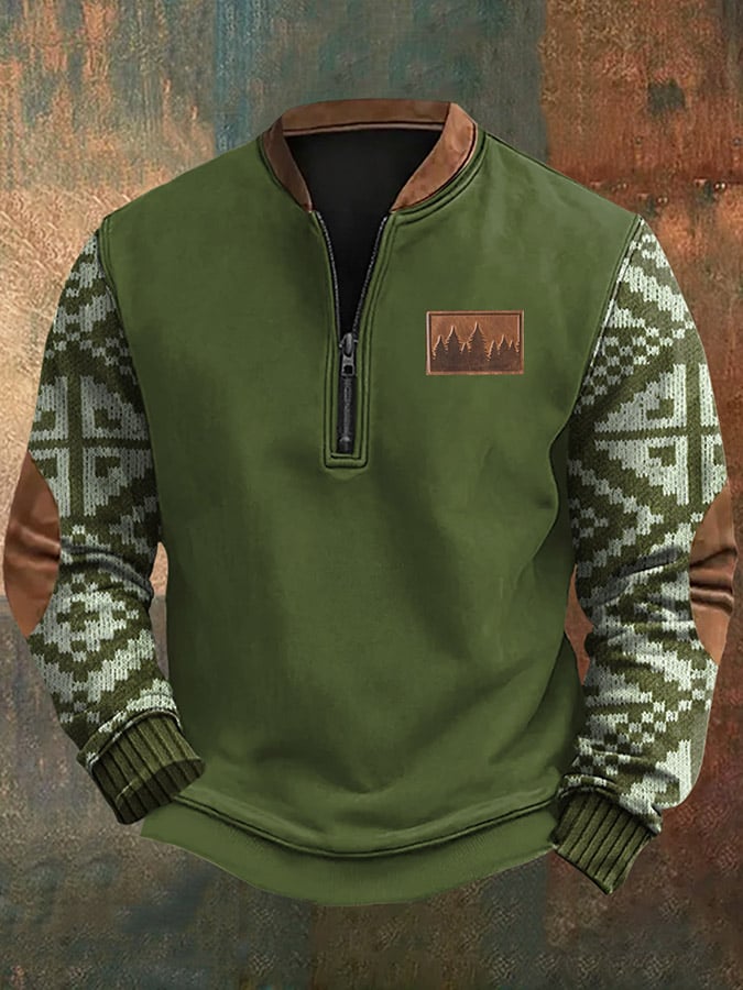 Men's Vintage Western Knit Print Zip-Neck Sweatshirt