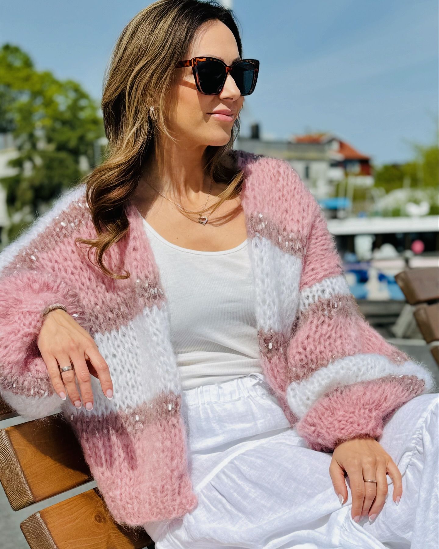 Loose Cardigan Pink and White Knitted Sweater