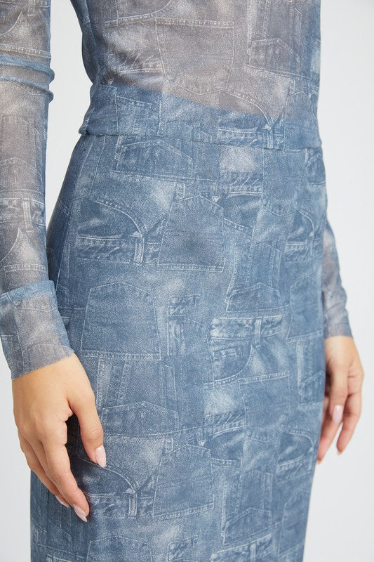 Denim Print Mesh Maxi Skirt