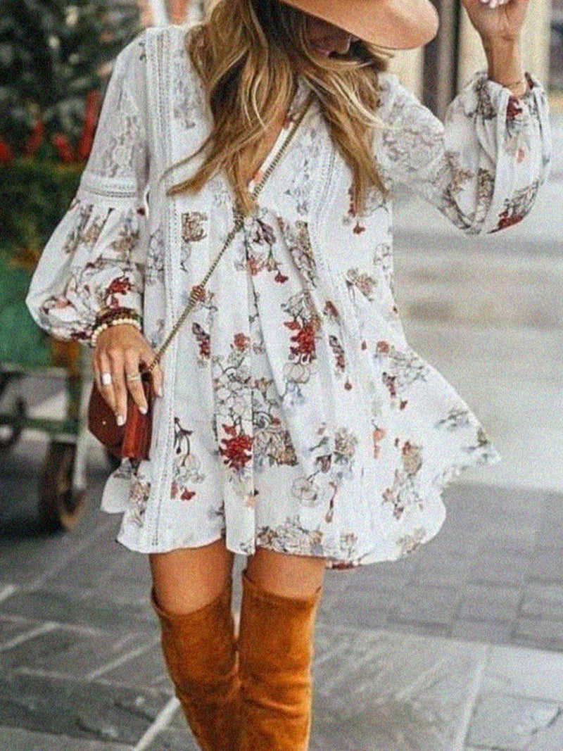 Balloon Sleeve Print Loose Dress