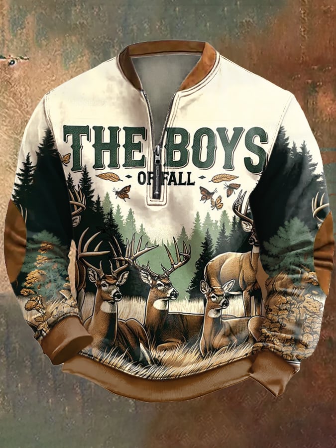 Men's Vintage Outdoor Deer Hunting Print Zip-Neck Sweatshirt