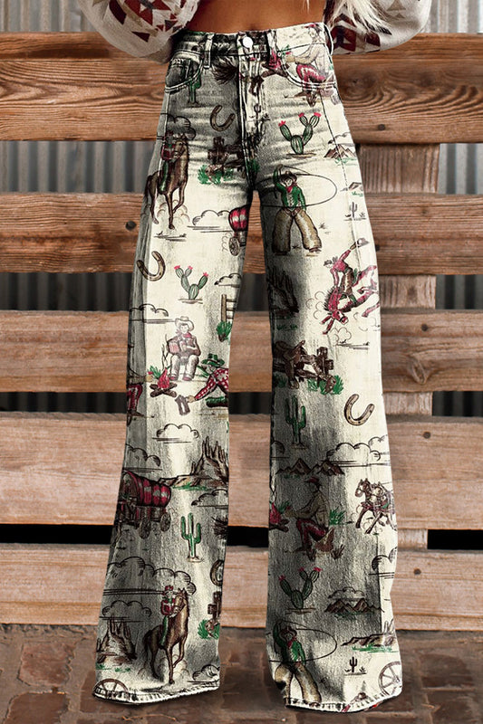 Vintage Printed Casual Wide Leg Pants