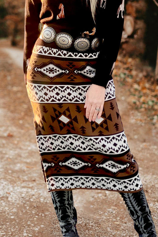 Trendy Aztec Printed Slit Knitted Skirt