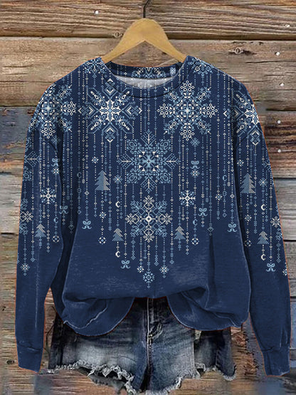 Cross Stitch Style Snowflake Pattern Printed Casual Sweatshirt