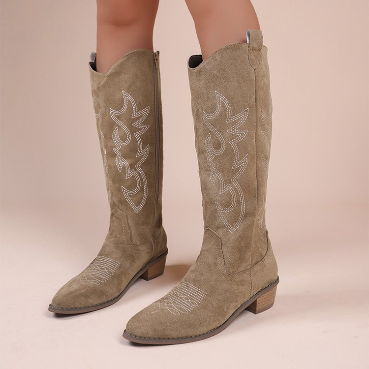 Women's Embroidered Denim High-top Chunky-heeled Western Boots