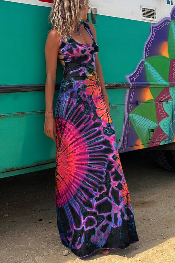 La Bamba Tie-dye Print Back Lace-up Stretch Maxi Dress