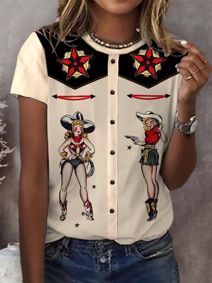 Women's Retro Western Print Casual T-Shirt