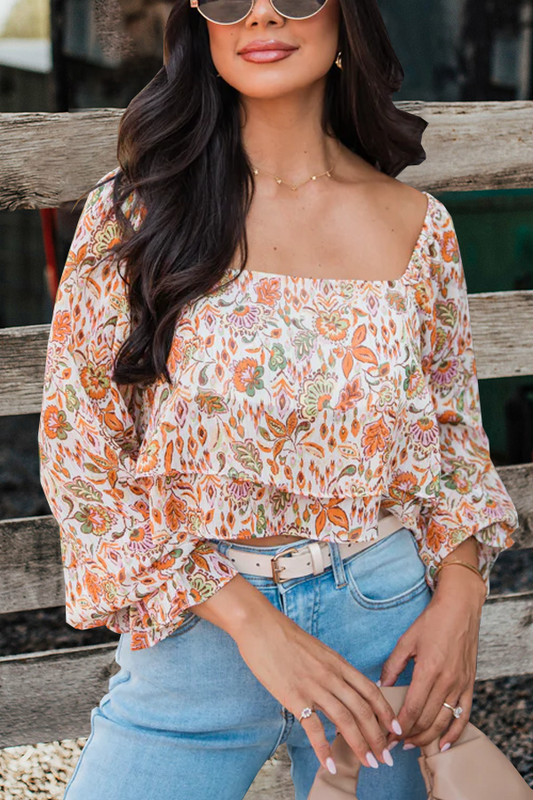 Multi Floral Tiered Hem Printed Square Neck Top