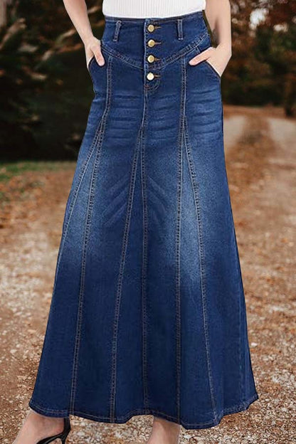 Denim Skirt High Waist Pocket Loose Maxi Skirt