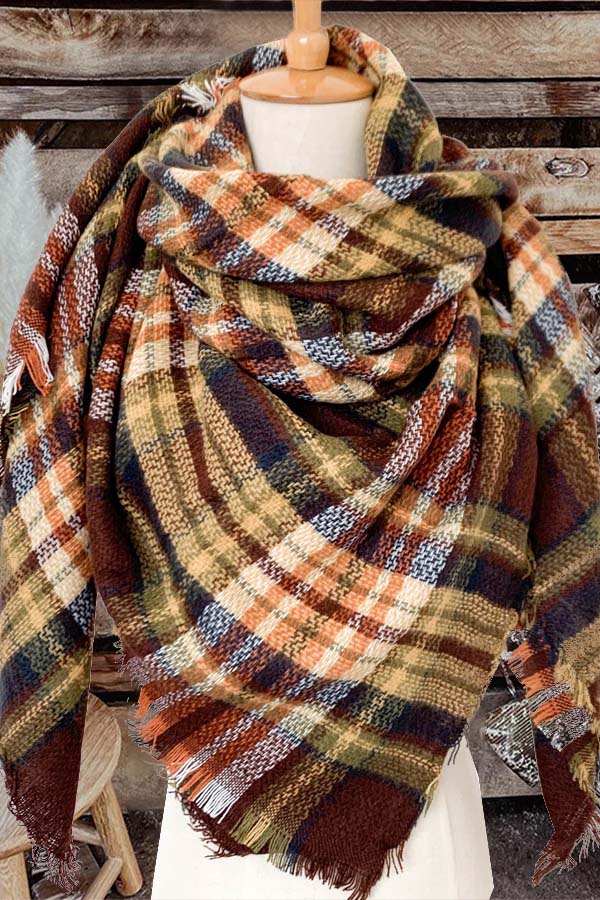 Cashmere Oversized Double-Sided Yellow Plaid Square Scarf