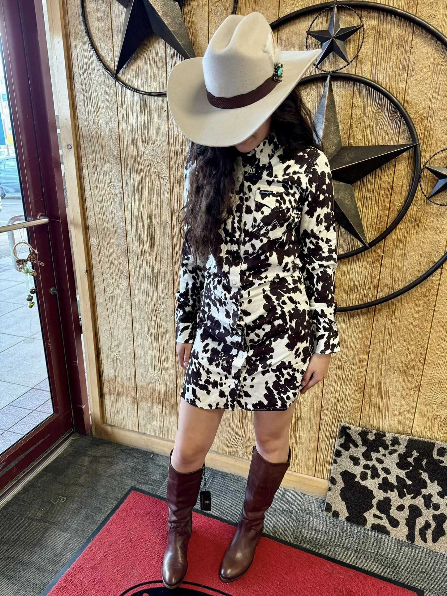 Women's Western Cow Print Long Sleeve Shirt Dress