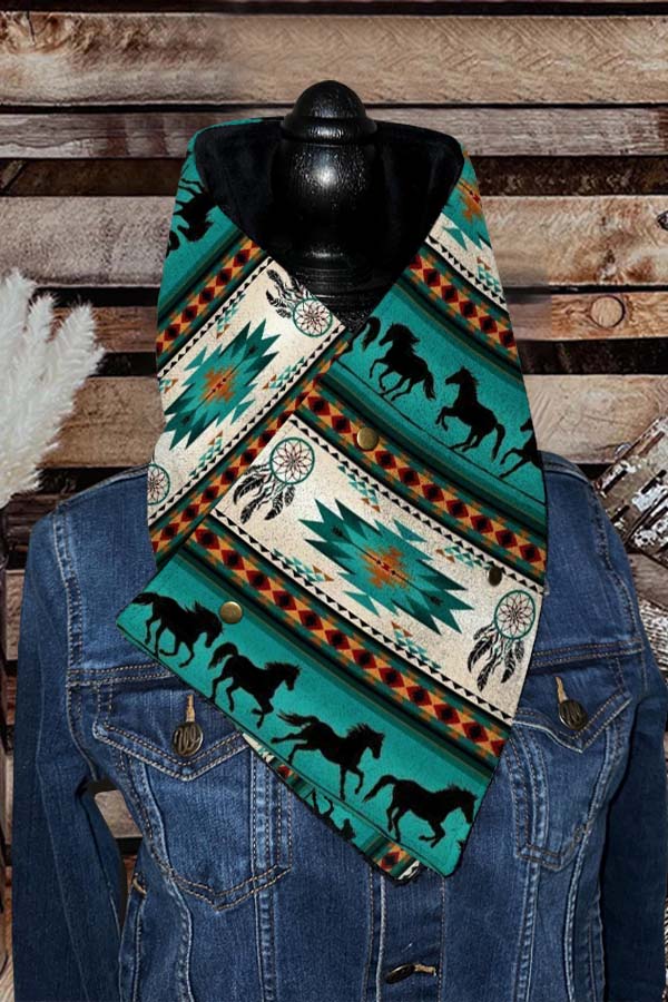 Women's Western Cowboy Green Aztec Warm Neck Hood