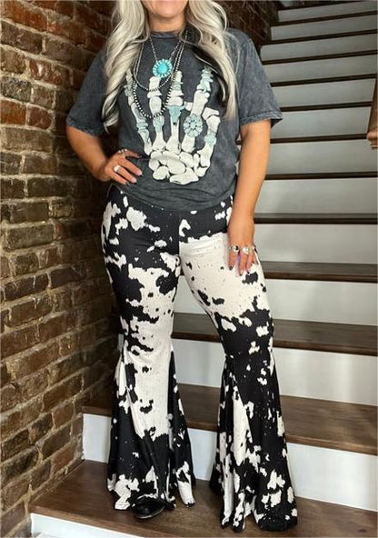 Women's Western Black Cow Print Casual Flared Pants