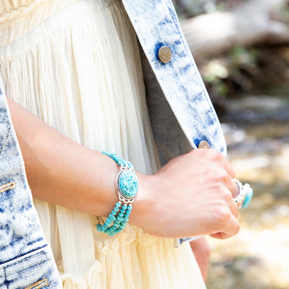 Barse Carved Blue Turquoise and Sterling Silver Toggle Bracelet