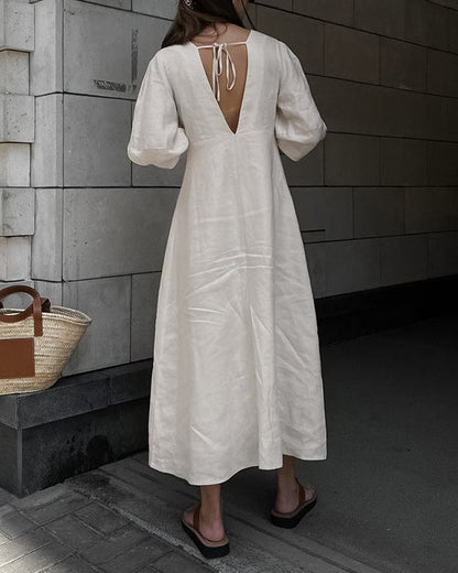 Cotton and Linen V Neck Puff Sleeve Backless Dress