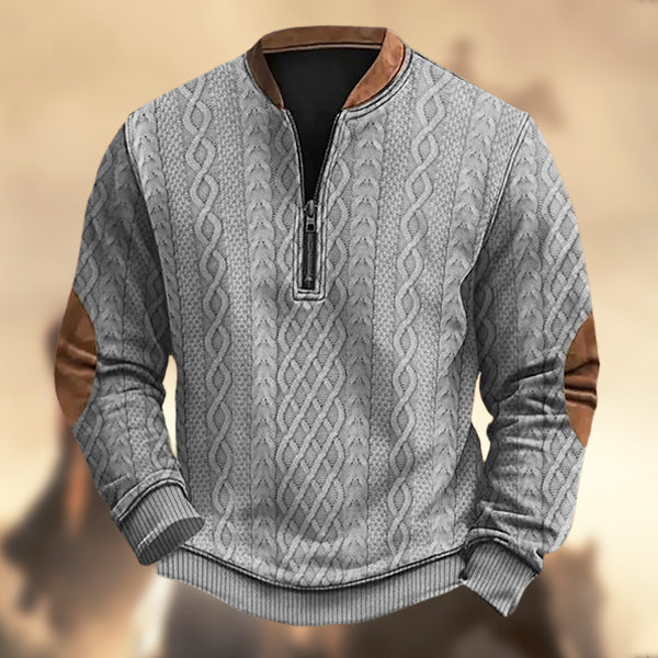 Men's Vintage Western Knit Print Zipper Stand Collar Casual Sweatshirt