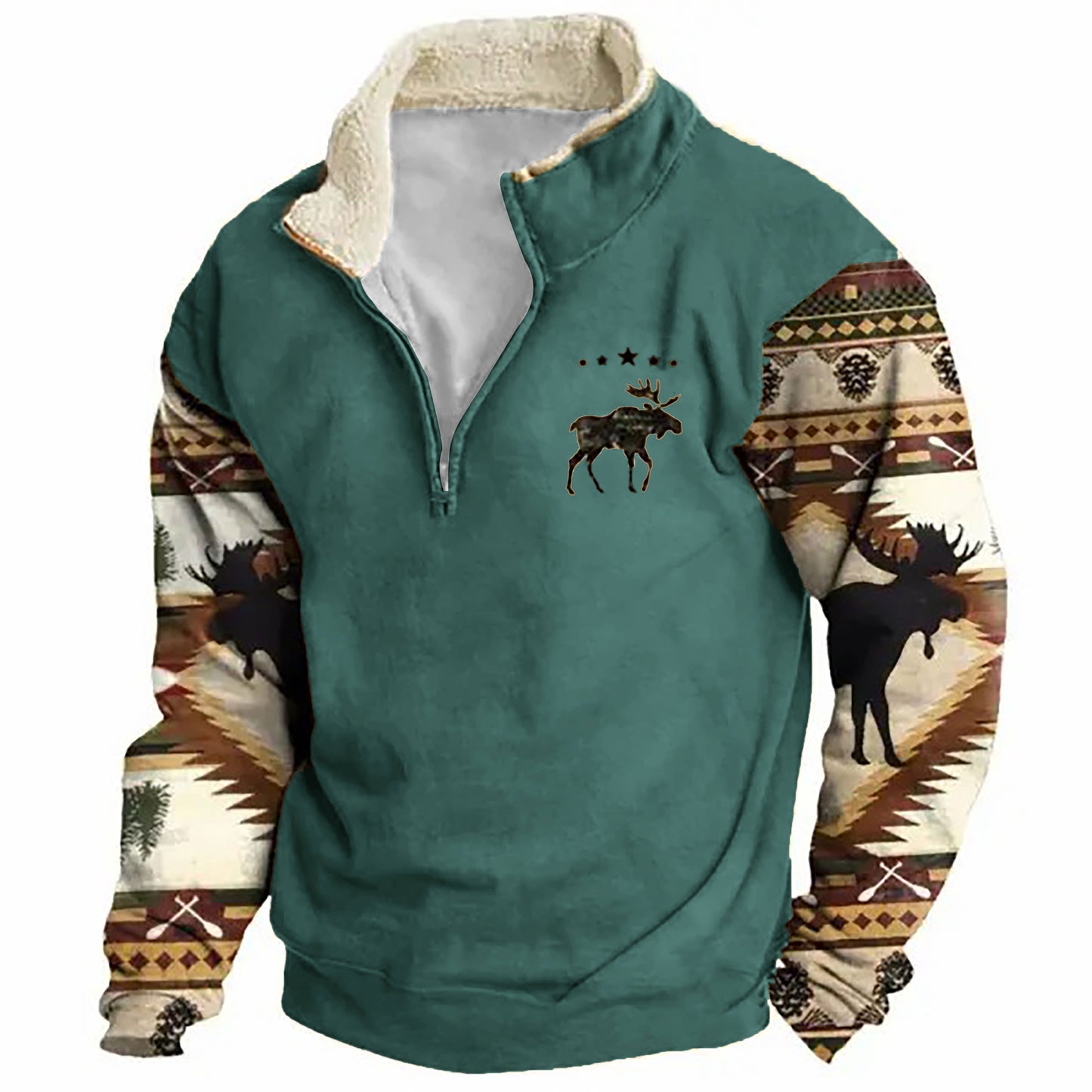 Men's Sweatshirt Retro Moose Creek Ethnic Print Plush Half Open Collar Pullover