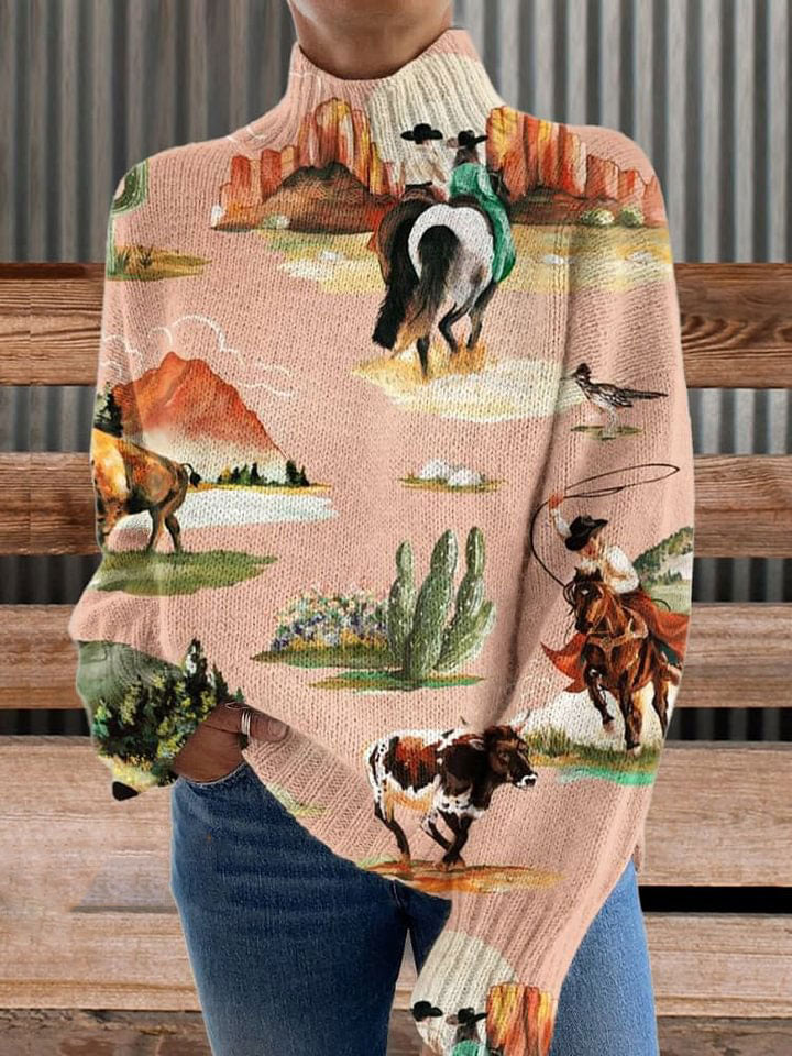 Pink Retro Western Cowboy Print Knit Turtleneck Pullover Sweater