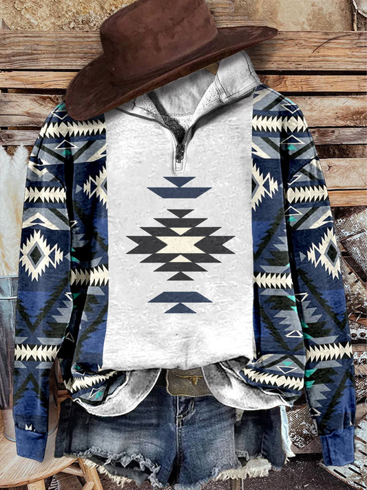 Blue Aztac Print Casual Long Sleeve Zip Sweatshirt