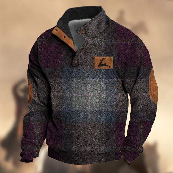 Men's Vintage Country Western Hunting Elk Dark Purple Navy Blue Wool Plaid Print Stand Collar Sweatshirt