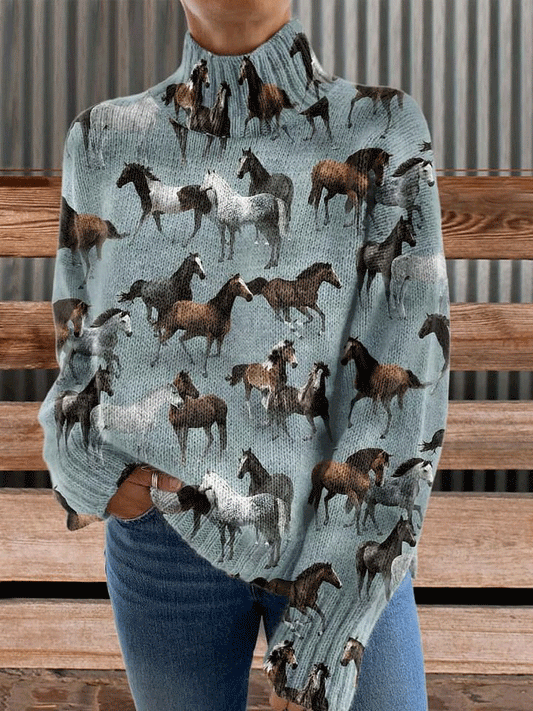 Horse Print Knit Turtleneck Pullover Sweater