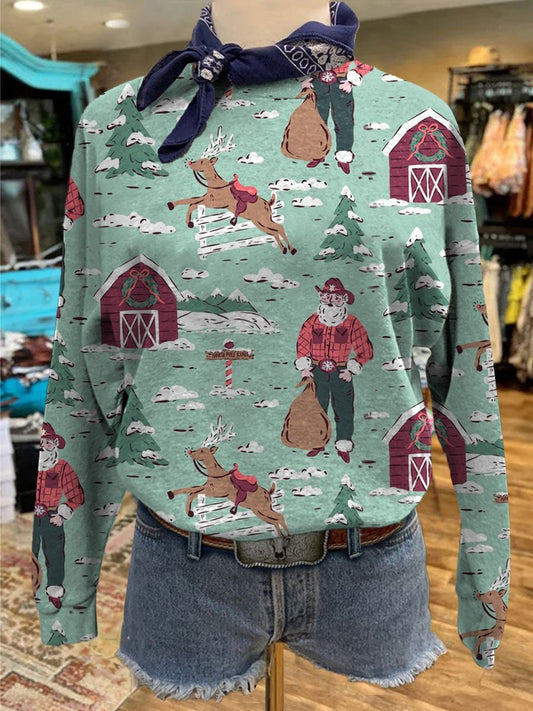 Santa Cowboy Print Casual Sweatshirt