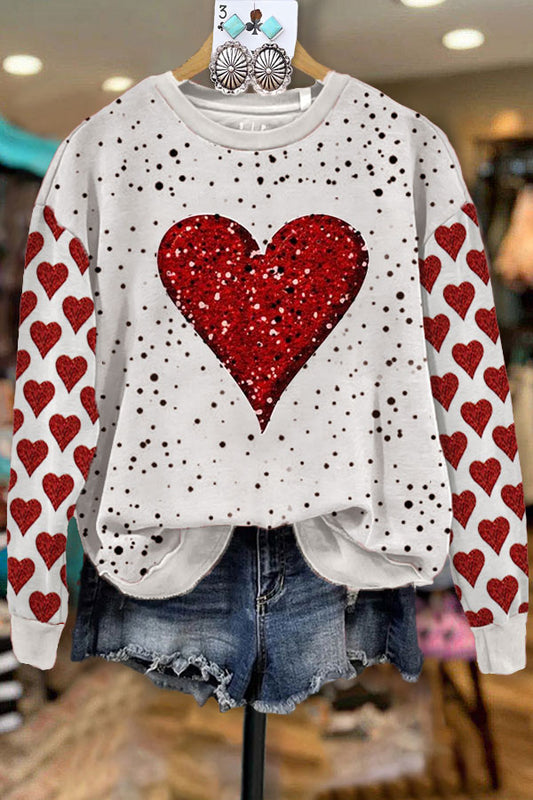 Heart Print Mixed Polka Dot Casual Sweatshirt