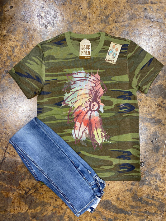 1118 Camo Watercolor Headdress Tee