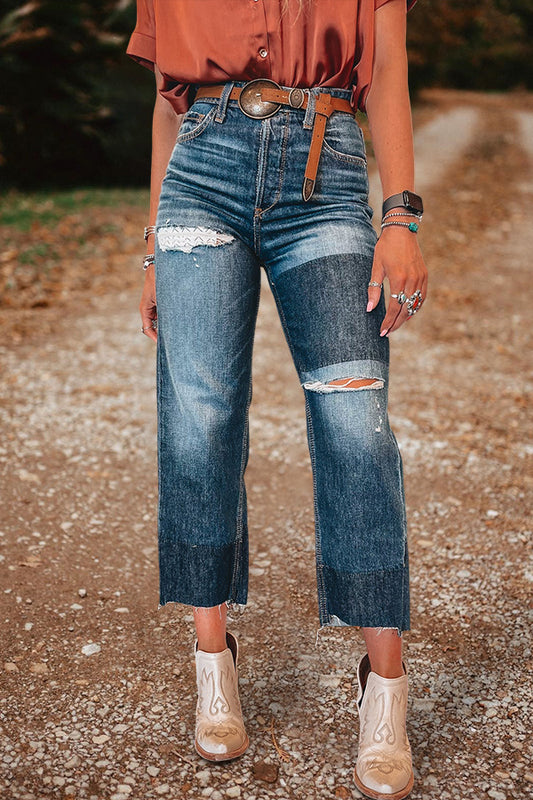 Washed Ripped Straight-Leg Jeans