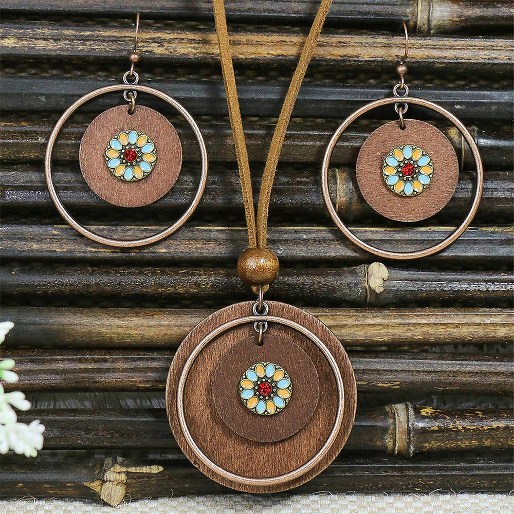 Women's Bohemian Retro Wooden Necklace Earring Set