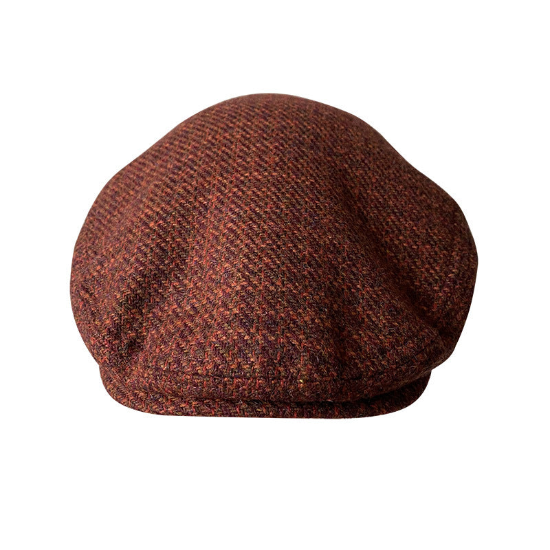 THE PEAKED Marl Flat Hat Wine-Harris Tweed