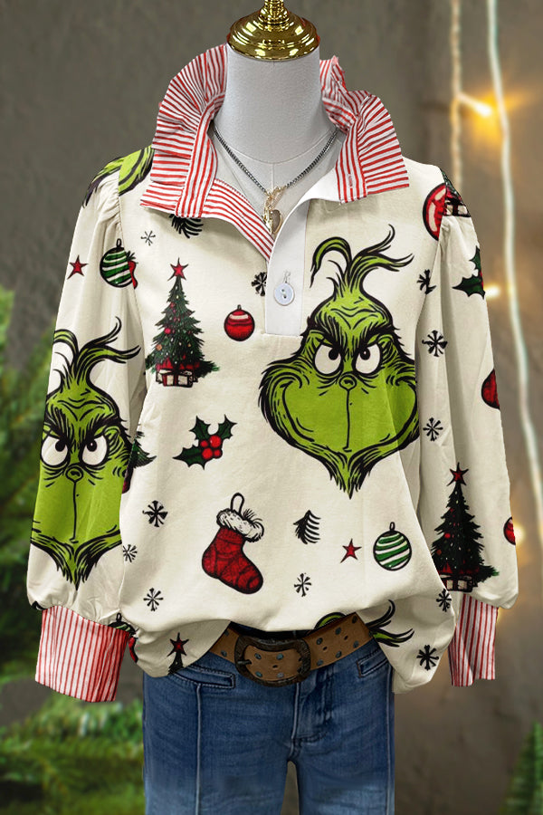 Classic Funny Christmas Grinch Print Stripe Puff Sleeve Blouse