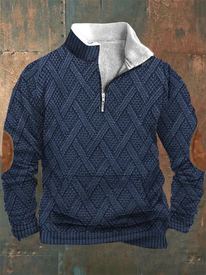 Men's Vintage Country Western Knitt Print Zipper Stand Collar Casual Kangaroo Pocket Sweatshirt