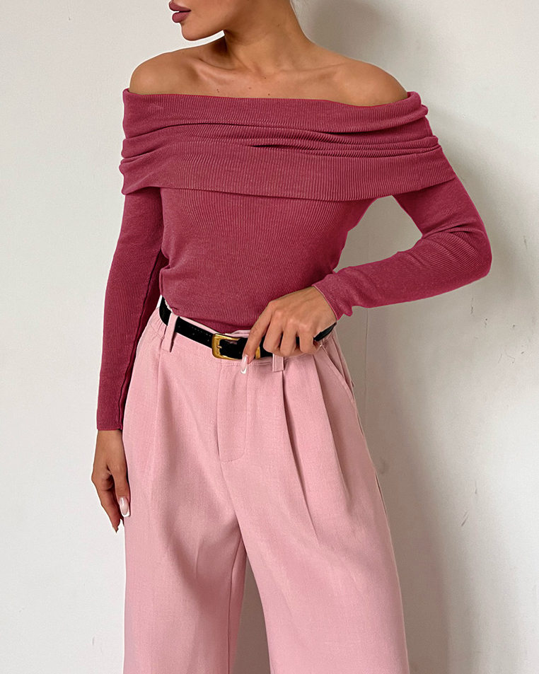 Off-The-Shoulder Bateau Neck Long-Sleeved Sweater