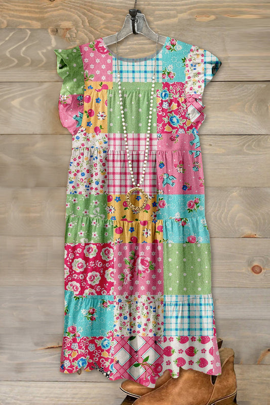 Sweet Floral Stitching Fly Sleeve Dress