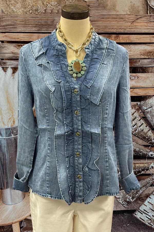 Chic Double Ruffle Denim Blouse