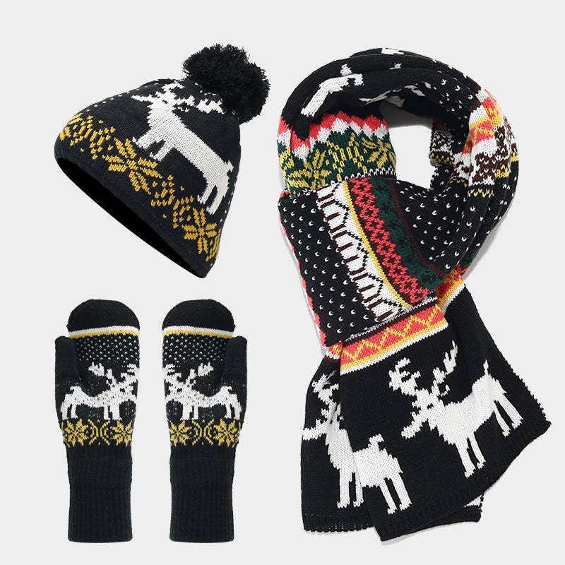 Unisex Christmas Warm Hat Gloves Scarf Knitted Set