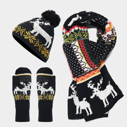 Unisex Christmas Warm Hat Gloves Scarf Knitted Set