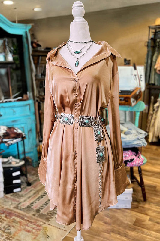 Pretty Long Sleeve Satin Shirt Dress