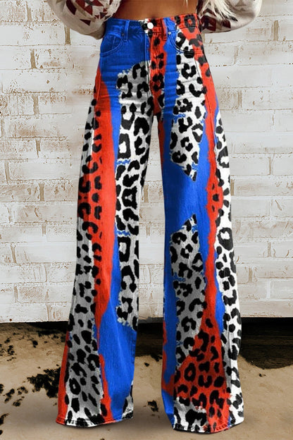 Red And Blue Markings Print Casual Wide Leg Pants