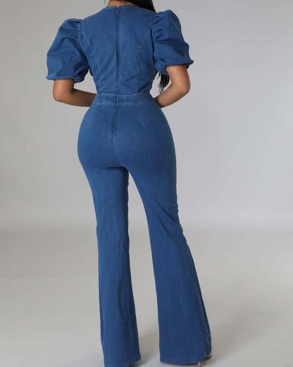 Pleated Lantern Puff Sleeve Casual Denim Hollow Jumpsuit