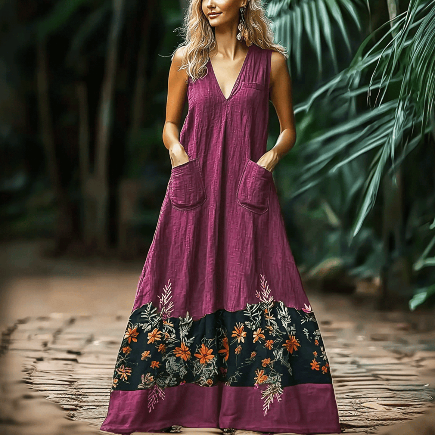 Women's Elegant Ethnic Splicing Oversized Sleeveless Linen Maxi Dress