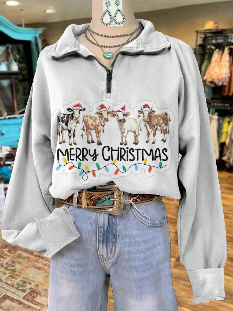 Christmas Cow Print Casual Long Sleeve Zip Sweatshirt