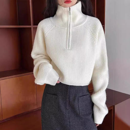 Retro Half Zipper Cropped Bat Sleeve Pullover Sweater Women